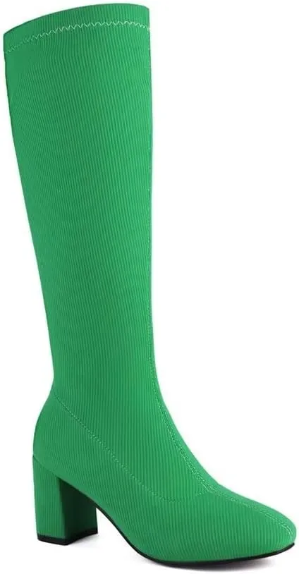 Joojaky Woman Fashion Block Heel Knee High Boots Stilettos Chunky Heel Elastic Sock Boots