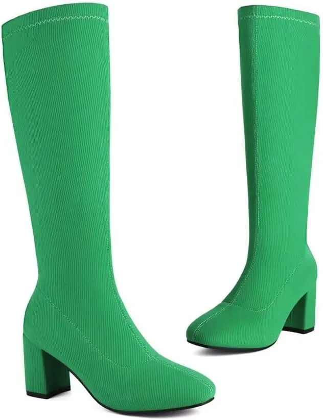 Joojaky Woman Fashion Block Heel Knee High Boots Stilettos Chunky Heel Elastic Sock Boots