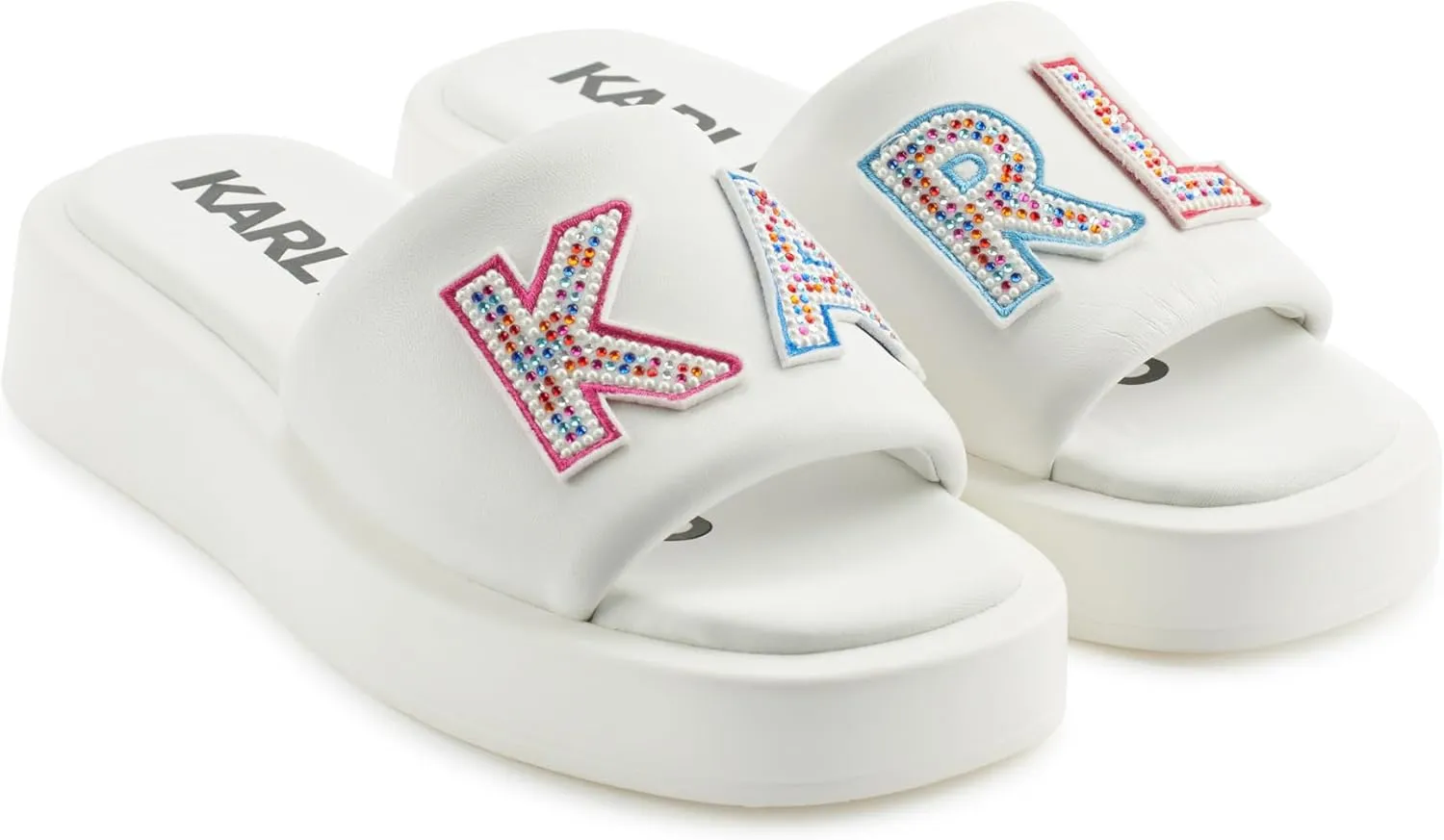 Karl Lagerfeld Paris Women's Cushioned Insole Everyday Opal Stone Pearl Platform Slide Sandal, Bright White, 6.5