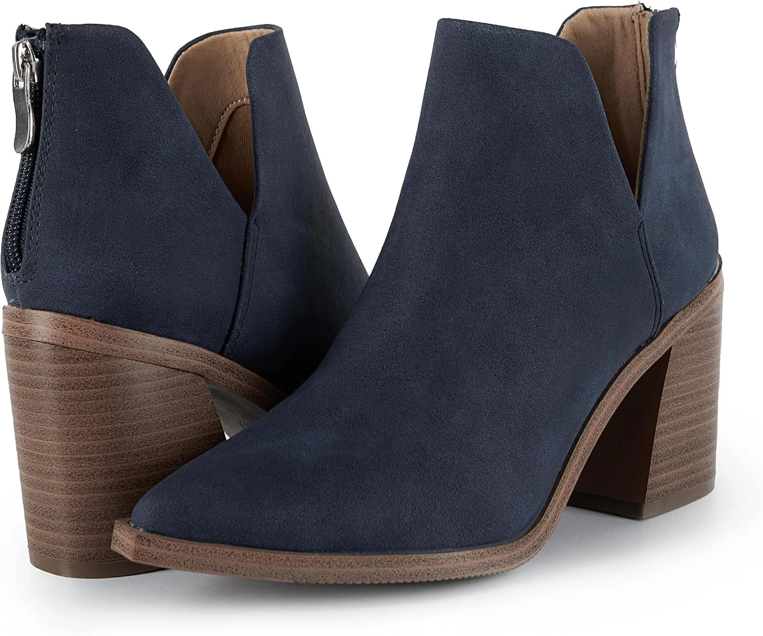 Kathemoi Womens Slip on Ankle Boots V Cutout Pointed Toe Chunky Stacked Mid Heel Booties