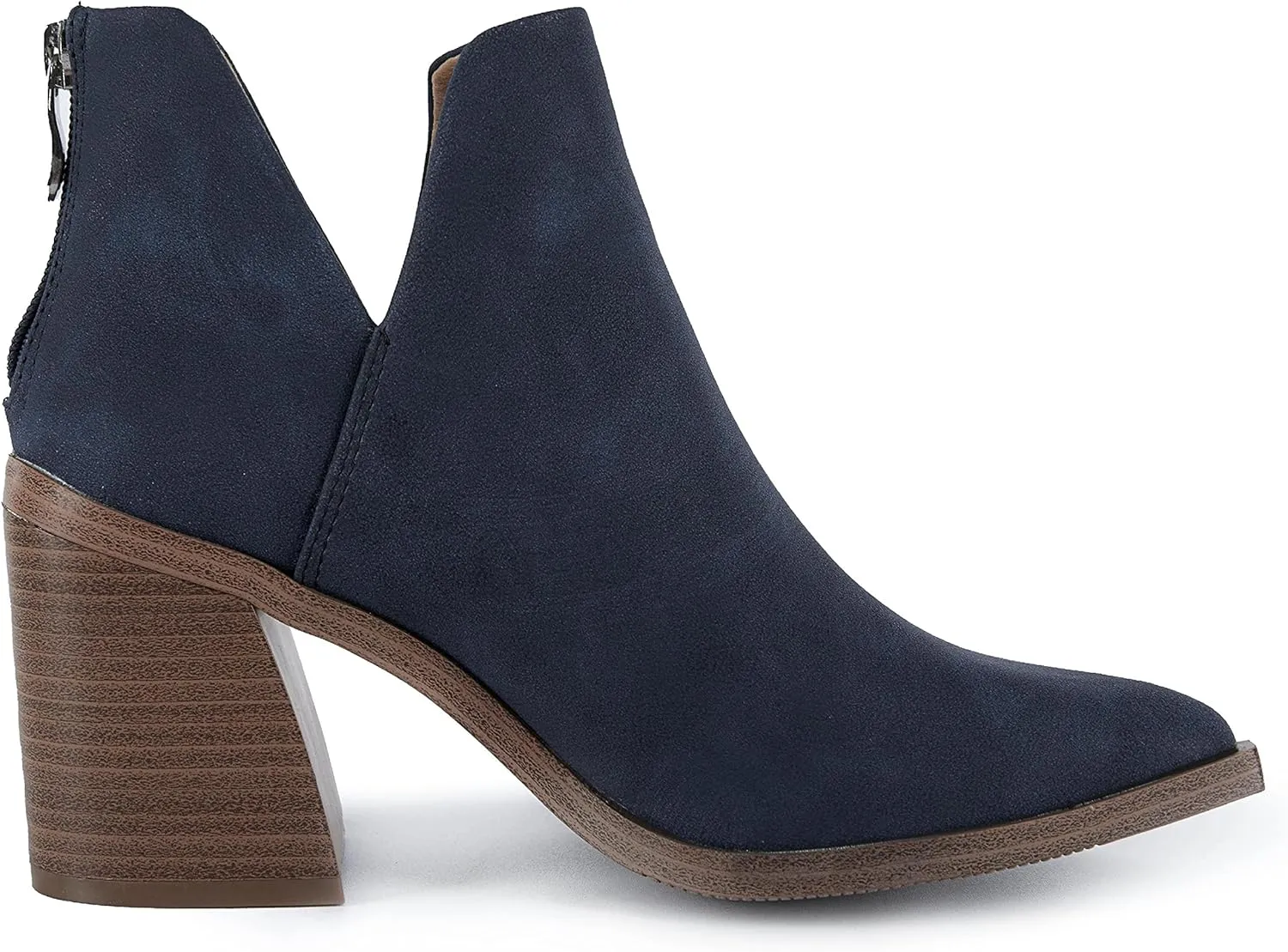 Kathemoi Womens Slip on Ankle Boots V Cutout Pointed Toe Chunky Stacked Mid Heel Booties