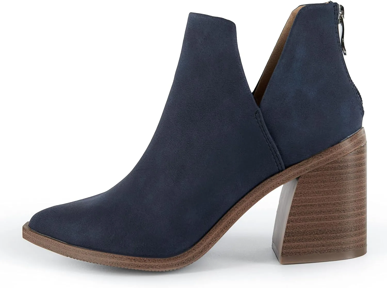 Kathemoi Womens Slip on Ankle Boots V Cutout Pointed Toe Chunky Stacked Mid Heel Booties