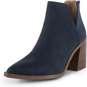 Kathemoi Womens Slip on Ankle Boots V Cutout Pointed Toe Chunky Stacked Mid Heel Booties