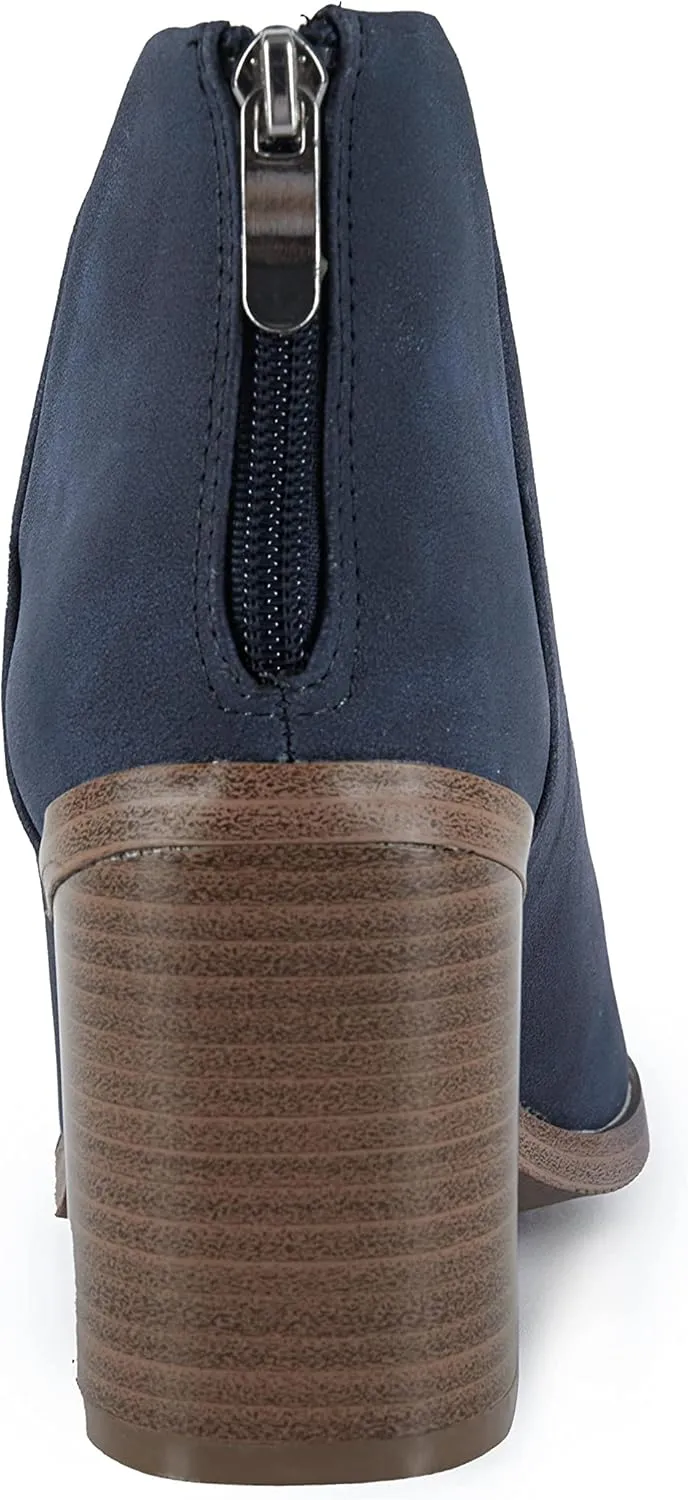 Kathemoi Womens Slip on Ankle Boots V Cutout Pointed Toe Chunky Stacked Mid Heel Booties