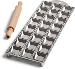 Kings County Tools Square Ravioli Maker Mold | Produce 2” Square Shape | Easy to Use | Wooden Pasta Roller Included | Non-Slip Rubber Foot Insert | Kitchen Necessity | Made in Italy