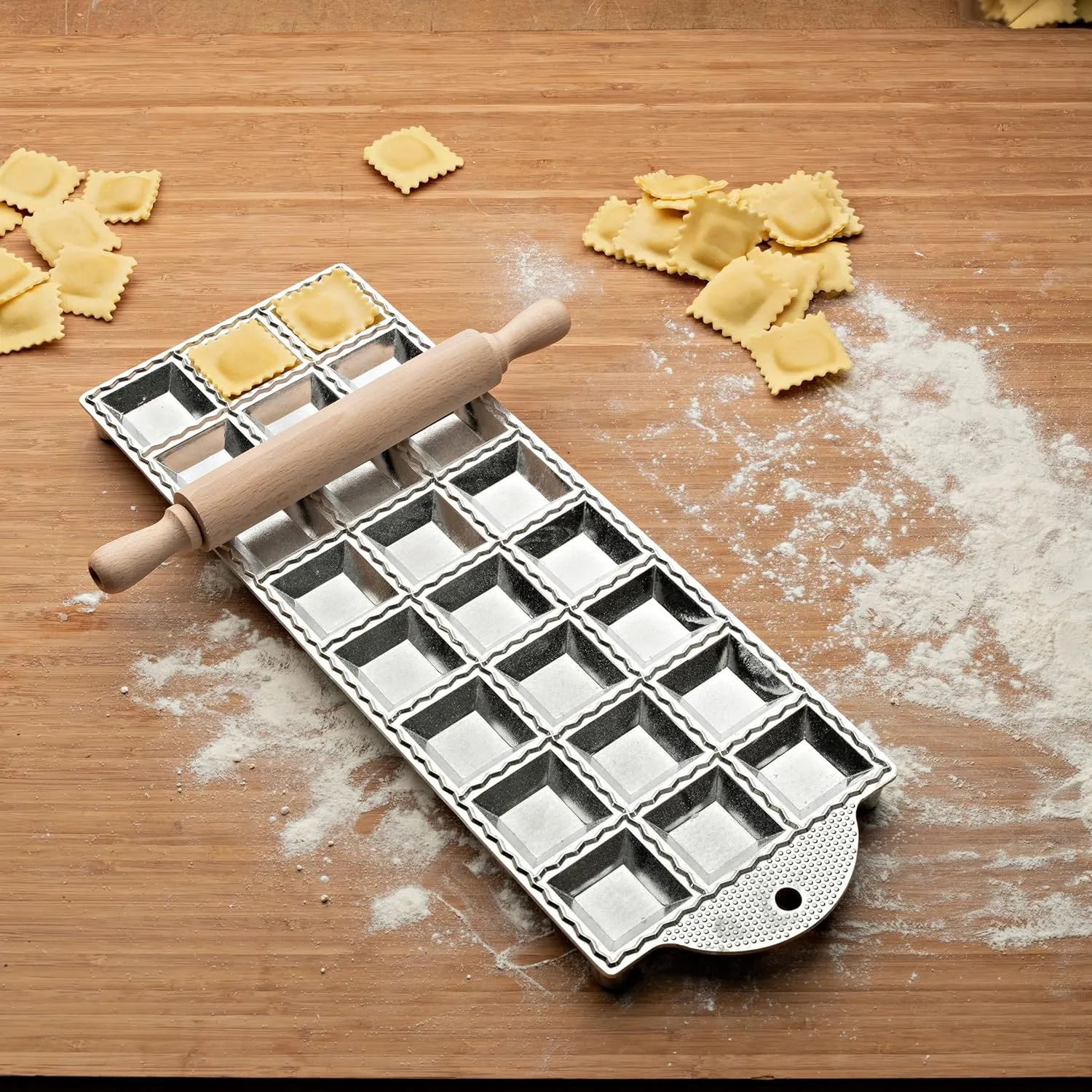 Kings County Tools Square Ravioli Maker Mold | Produce 2” Square Shape | Easy to Use | Wooden Pasta Roller Included | Non-Slip Rubber Foot Insert | Kitchen Necessity | Made in Italy