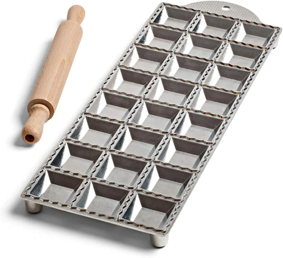 Kings County Tools Square Ravioli Maker Mold | Produce 2” Square Shape | Easy to Use | Wooden Pasta Roller Included | Non-Slip Rubber Foot Insert | Kitchen Necessity | Made in Italy