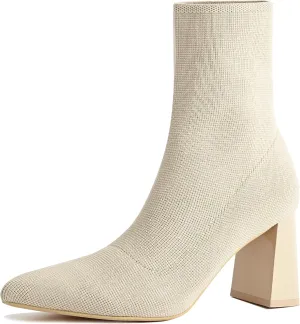 Knit Ankle Boots for Women - Chunky Block Heel Chelsea Boots - Stretchy Breathable Knit Sock Booties for Fall & Winter 2024 Trendy Slip On Comfortable