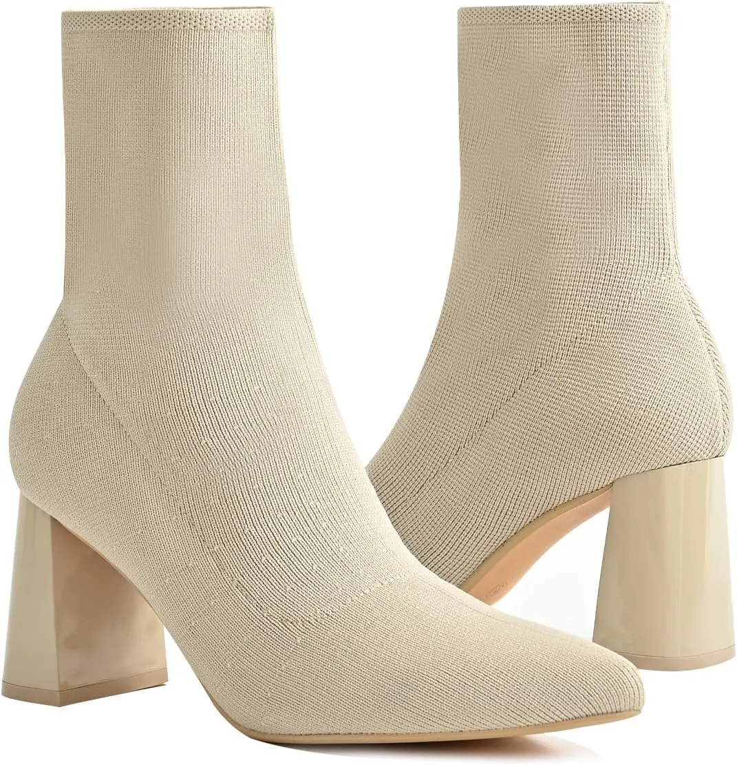 Knit Ankle Boots for Women - Chunky Block Heel Chelsea Boots - Stretchy Breathable Knit Sock Booties for Fall & Winter 2024 Trendy Slip On Comfortable