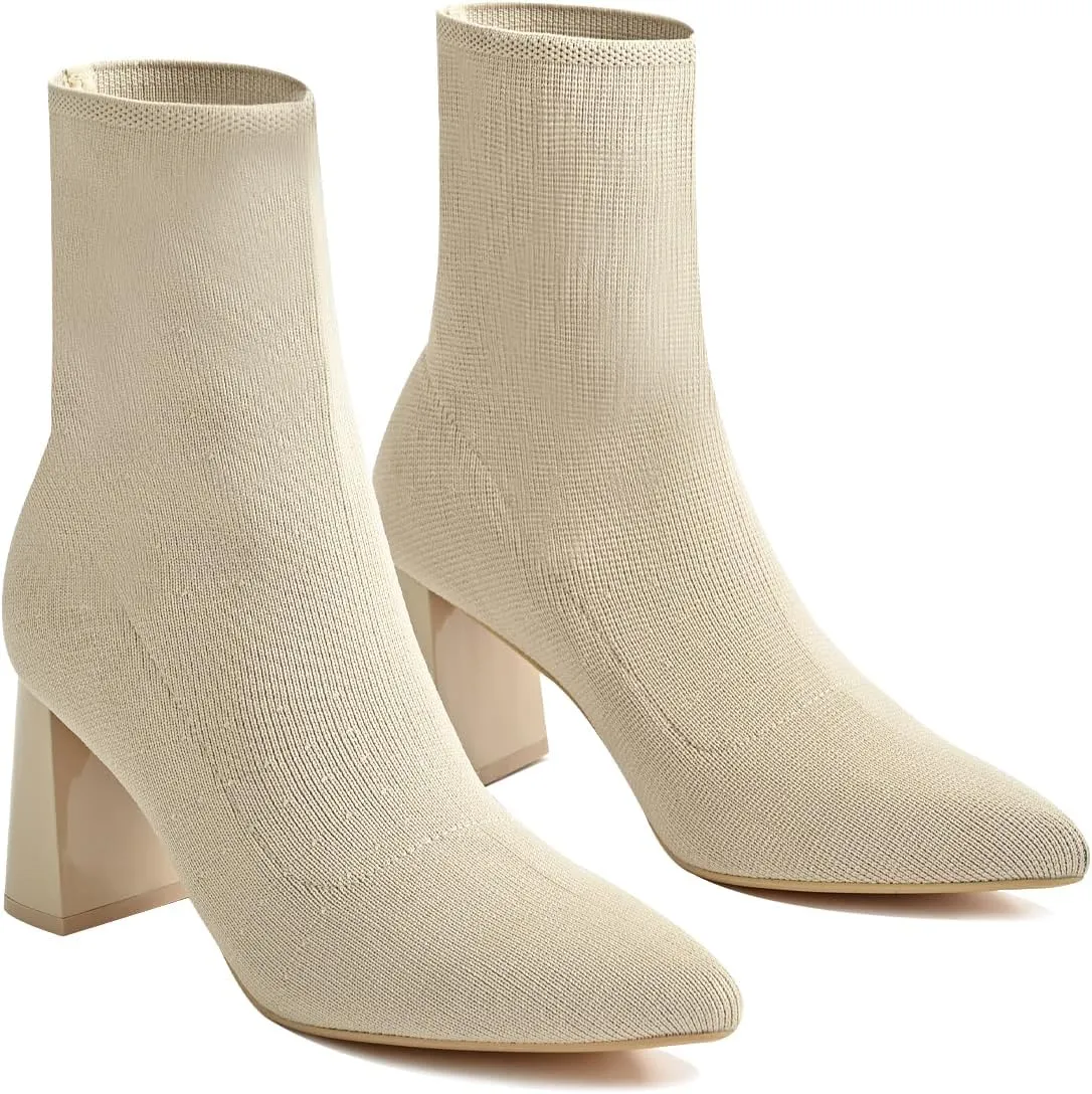 Knit Ankle Boots for Women - Chunky Block Heel Chelsea Boots - Stretchy Breathable Knit Sock Booties for Fall & Winter 2024 Trendy Slip On Comfortable