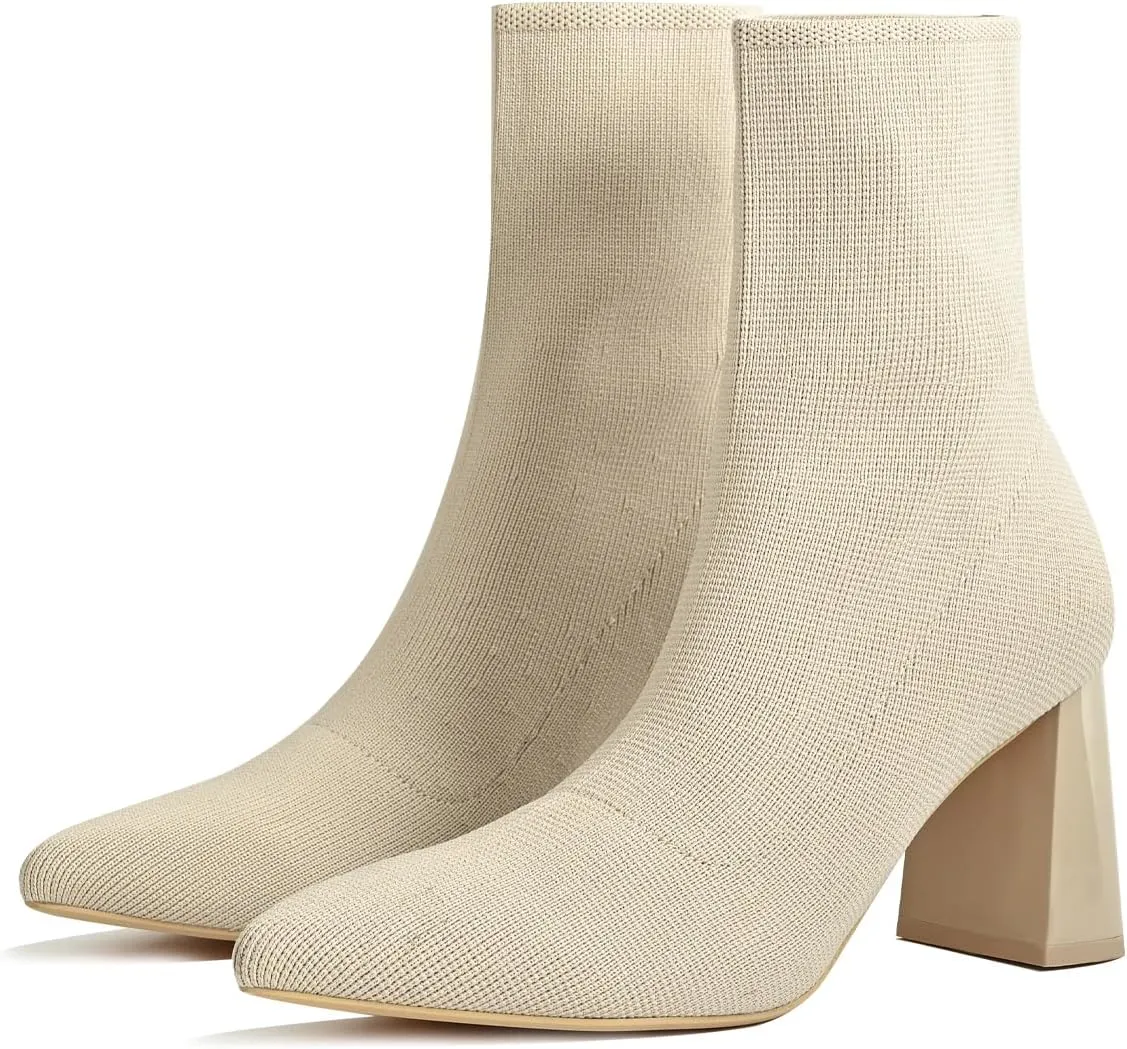 Knit Ankle Boots for Women - Chunky Block Heel Chelsea Boots - Stretchy Breathable Knit Sock Booties for Fall & Winter 2024 Trendy Slip On Comfortable