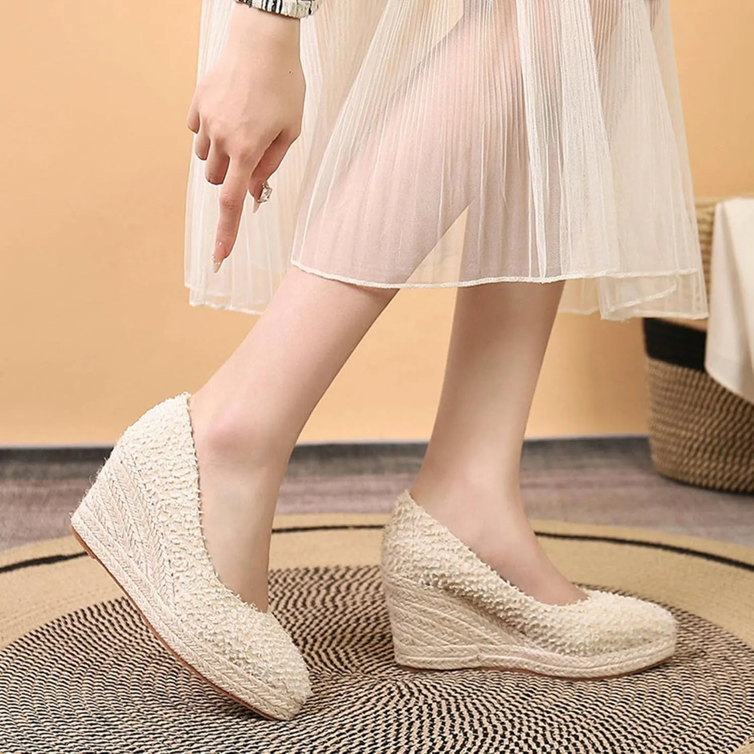 KOKOMOMO Womens Pointed Toe Espadrille Wedges Faux Suede Platform Pumps