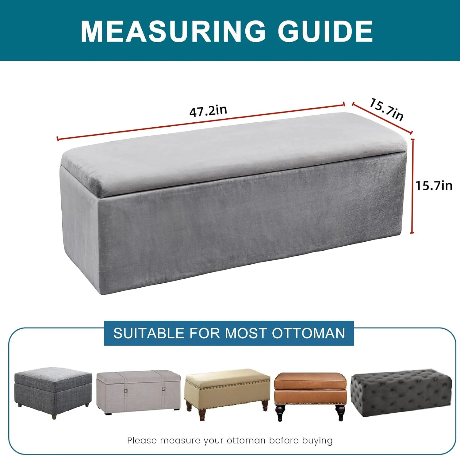 KRFOONN Rectangle Ottoman Covers Stretch Storage Ottoman Slipcovers Oversized Folding Storage Bench Cover Footrest Stool Slipcover Furniture Protector for Living Room Bedroom, Light Grey