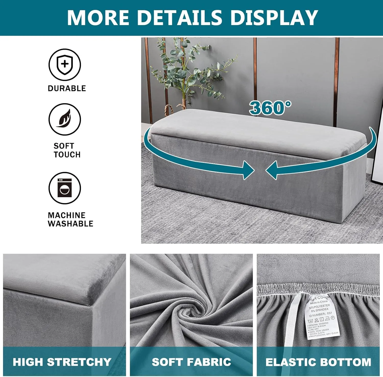 KRFOONN Rectangle Ottoman Covers Stretch Storage Ottoman Slipcovers Oversized Folding Storage Bench Cover Footrest Stool Slipcover Furniture Protector for Living Room Bedroom, Light Grey