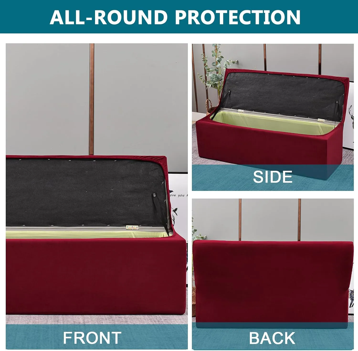 KRFOONN Rectangle Ottoman Covers Stretch Storage Ottoman Slipcovers Velvet Oversized Folding Storage Bench Cover Footrest Stool Slipcover Furniture Protector for Living Room Bedroom, Wine Red
