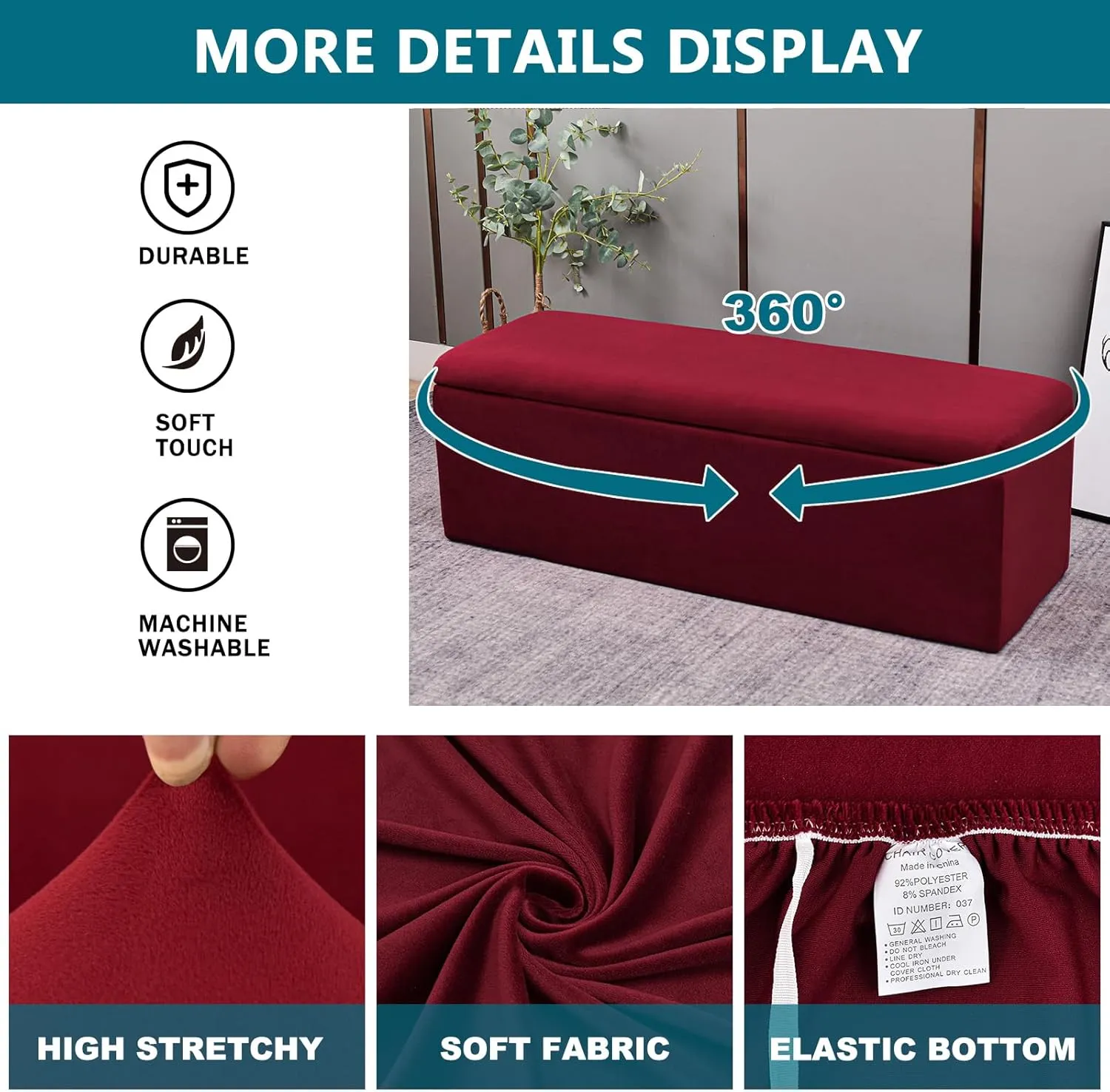 KRFOONN Rectangle Ottoman Covers Stretch Storage Ottoman Slipcovers Velvet Oversized Folding Storage Bench Cover Footrest Stool Slipcover Furniture Protector for Living Room Bedroom, Wine Red