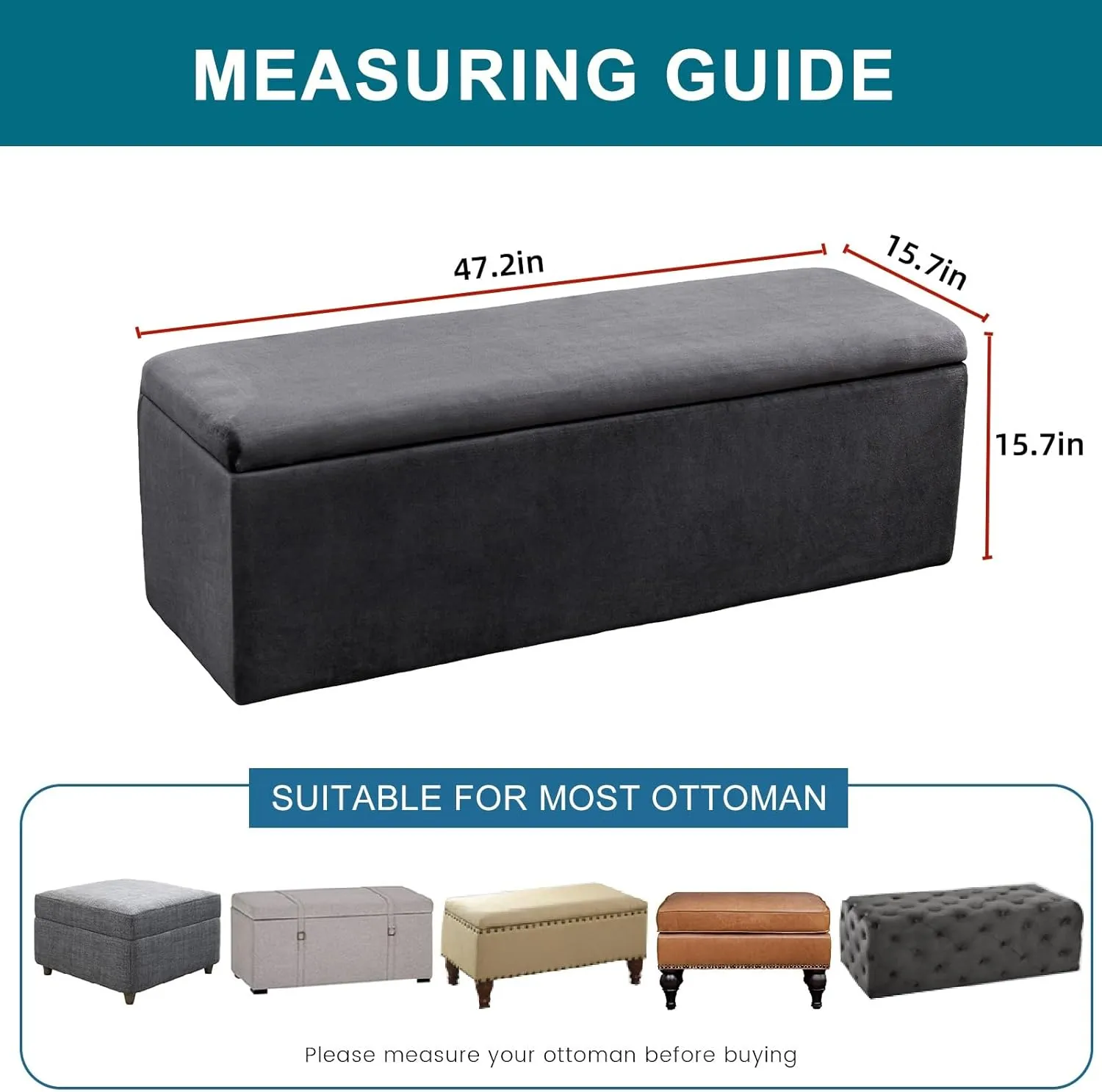 KRFOONN Rectangle Ottoman Covers Stretch Storage Ottoman Slipcovers Velvet Oversized Folding Storage Bench Cover Footrest Stool Slipcover Furniture Protector for Living Room Bedroom,Dark Grey