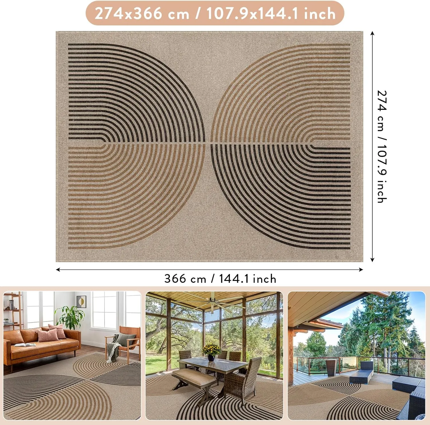 Lahome Modern Rainbow Outdoor Easy Jute Rug, Area Rugs 9x12 Living Room Patio Rug Large Farmhouse Indoor Outdoor Rugs, Contemporary Non Slip Dining Room Rugs for Under Table Sunroom