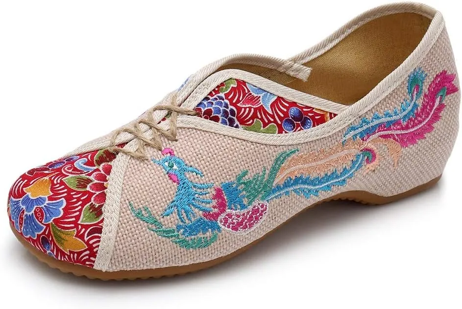 Lazutom Women Lady Vintage Chinese Style Embroidery Slip-On Cheongsam Walking Shoes