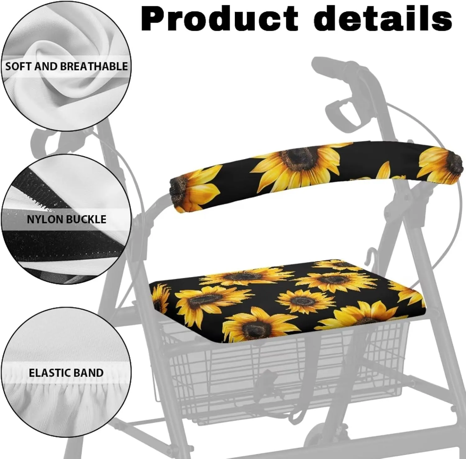LedBack Sunflower Walker Cover for Seniors Walker Seat Cushion Walkers for Seniors Accessories Seat Covers Walker & Rollator Seat & Roller Bar Covers