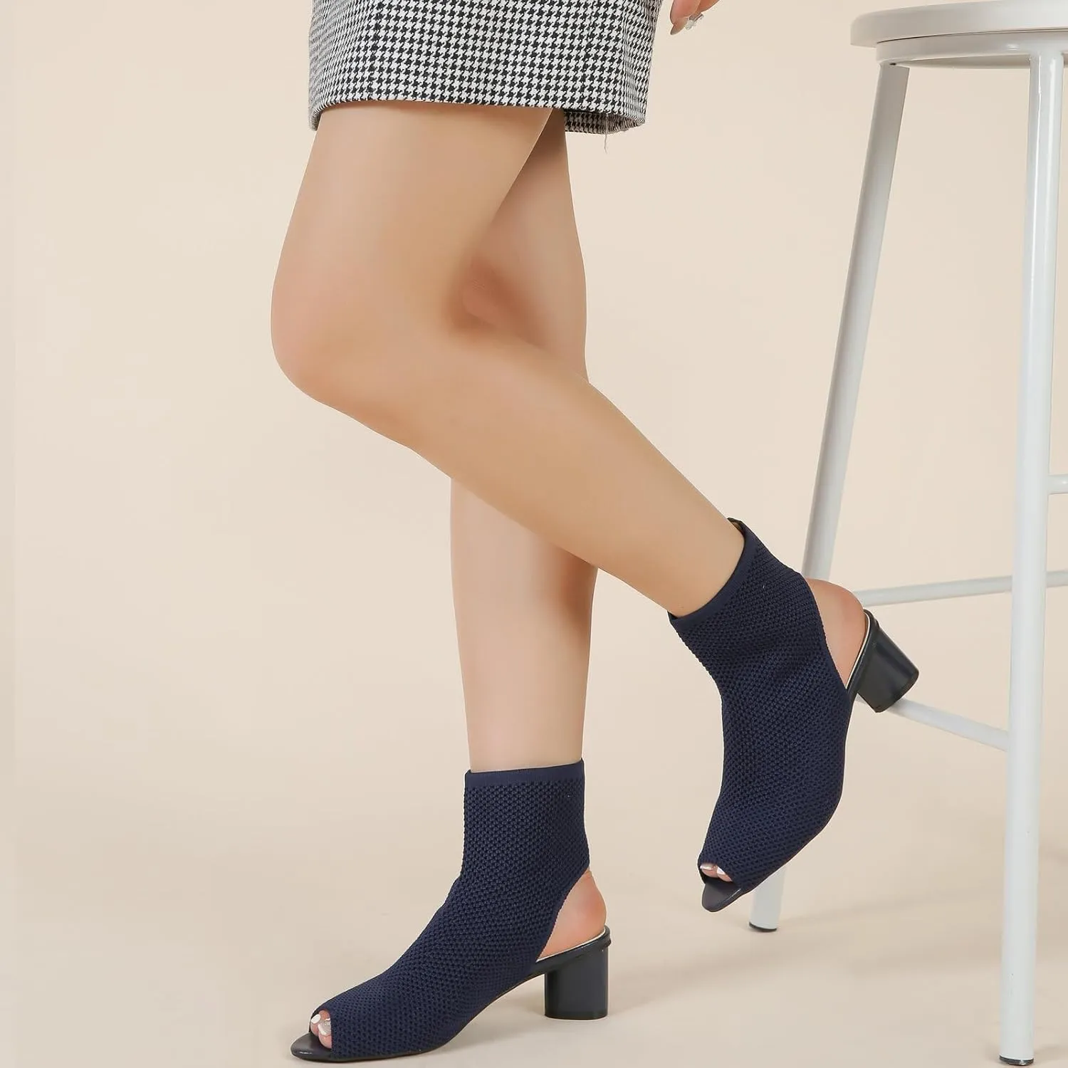 LIURUIJIA Women's Knit Slingback Chunky Heel Ankle Boots Open Toe Booties Hollow Heeled Sandals Summer Casual Slip On Dress Sock Booties For Women
