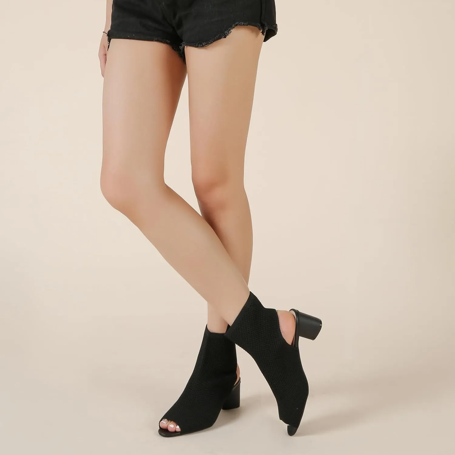 LIURUIJIA Women's Knit Slingback Chunky Heel Ankle Boots Open Toe Booties Hollow Heeled Sandals Summer Casual Slip On Dress Sock Booties For Women