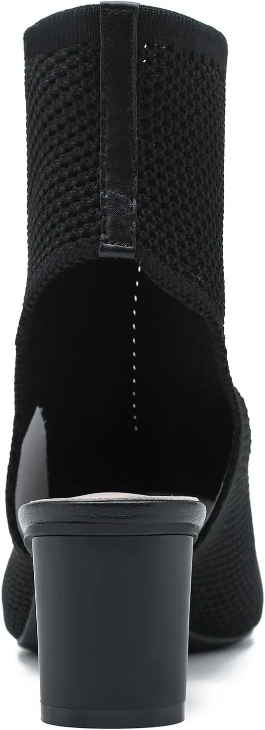 LIURUIJIA Women's Knit Slingback Chunky Heel Ankle Boots Open Toe Booties Hollow Heeled Sandals Summer Casual Slip On Dress Sock Booties For Women