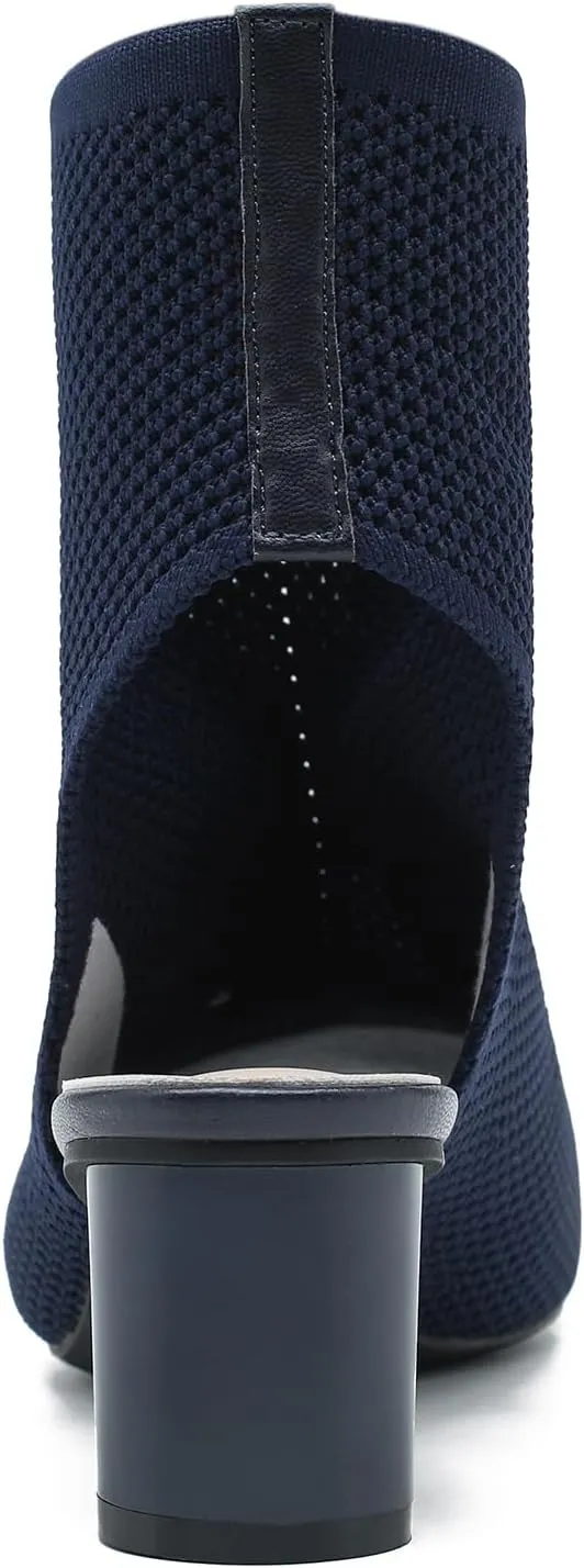 LIURUIJIA Women's Knit Slingback Chunky Heel Ankle Boots Open Toe Booties Hollow Heeled Sandals Summer Casual Slip On Dress Sock Booties For Women