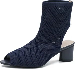LIURUIJIA Women's Knit Slingback Chunky Heel Ankle Boots Open Toe Booties Hollow Heeled Sandals Summer Casual Slip On Dress Sock Booties For Women