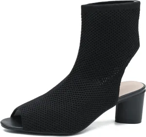 LIURUIJIA Women's Knit Slingback Chunky Heel Ankle Boots Open Toe Booties Hollow Heeled Sandals Summer Casual Slip On Dress Sock Booties For Women