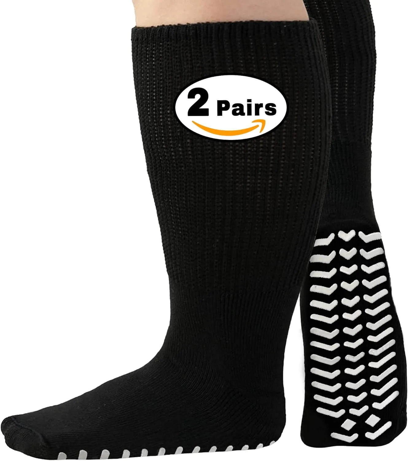 M.B. Leaf Extra Wide Bariatric Socks - Non-Slip, Stretchable up to 30'', Ideal for Diabetic & Edema - 2 Pairs, Black