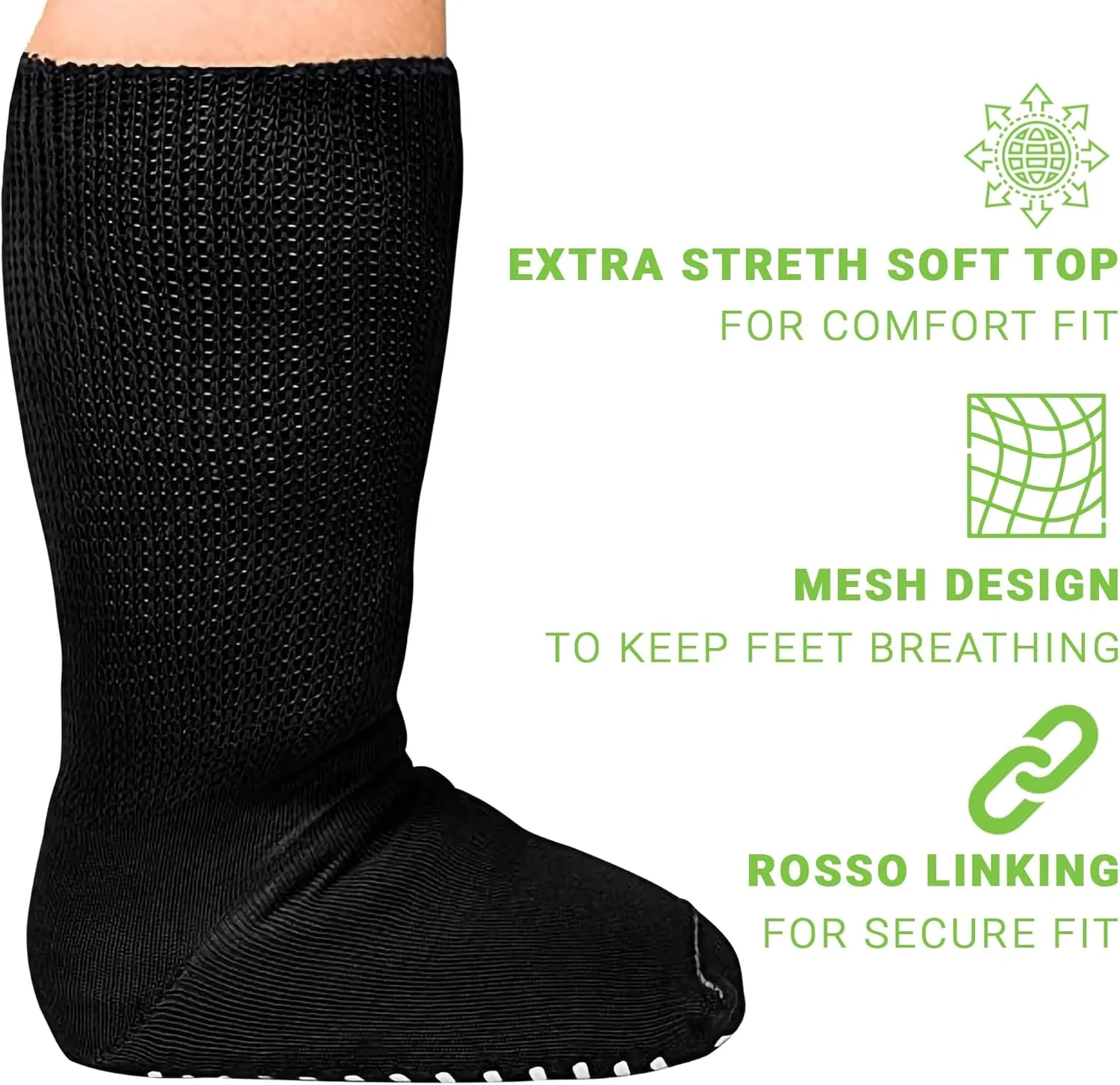 M.B. Leaf Extra Wide Bariatric Socks - Non-Slip, Stretchable up to 30'', Ideal for Diabetic & Edema - 2 Pairs, Black