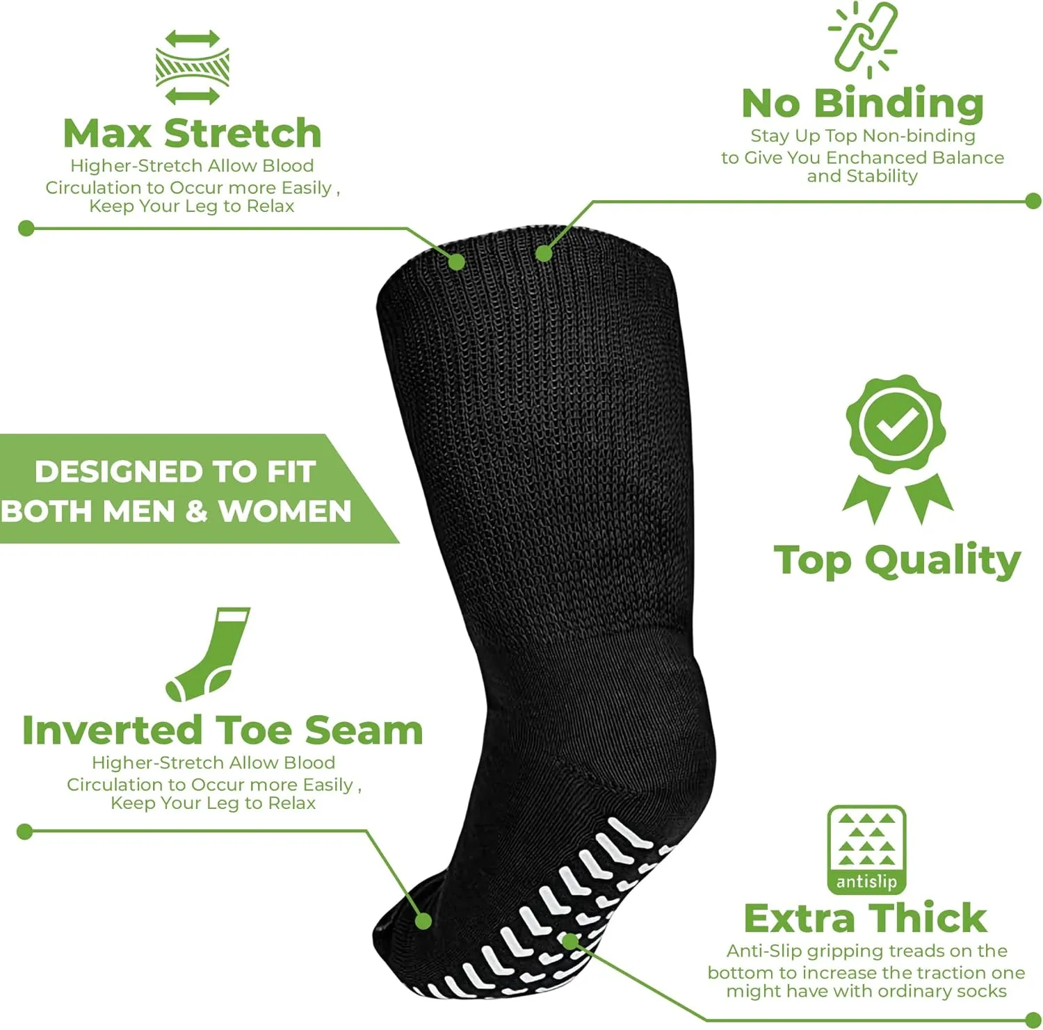 M.B. Leaf Extra Wide Bariatric Socks - Non-Slip, Stretchable up to 30'', Ideal for Diabetic & Edema - 2 Pairs, Black