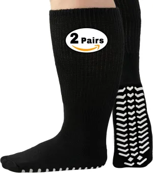M.B. Leaf Extra Wide Bariatric Socks - Non-Slip, Stretchable up to 30'', Ideal for Diabetic & Edema - 2 Pairs, Black