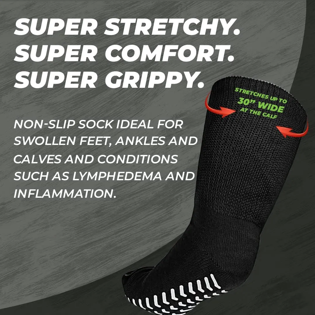 M.B. Leaf Extra Wide Bariatric Socks - Non-Slip, Stretchable up to 30'', Ideal for Diabetic & Edema - 2 Pairs, Black