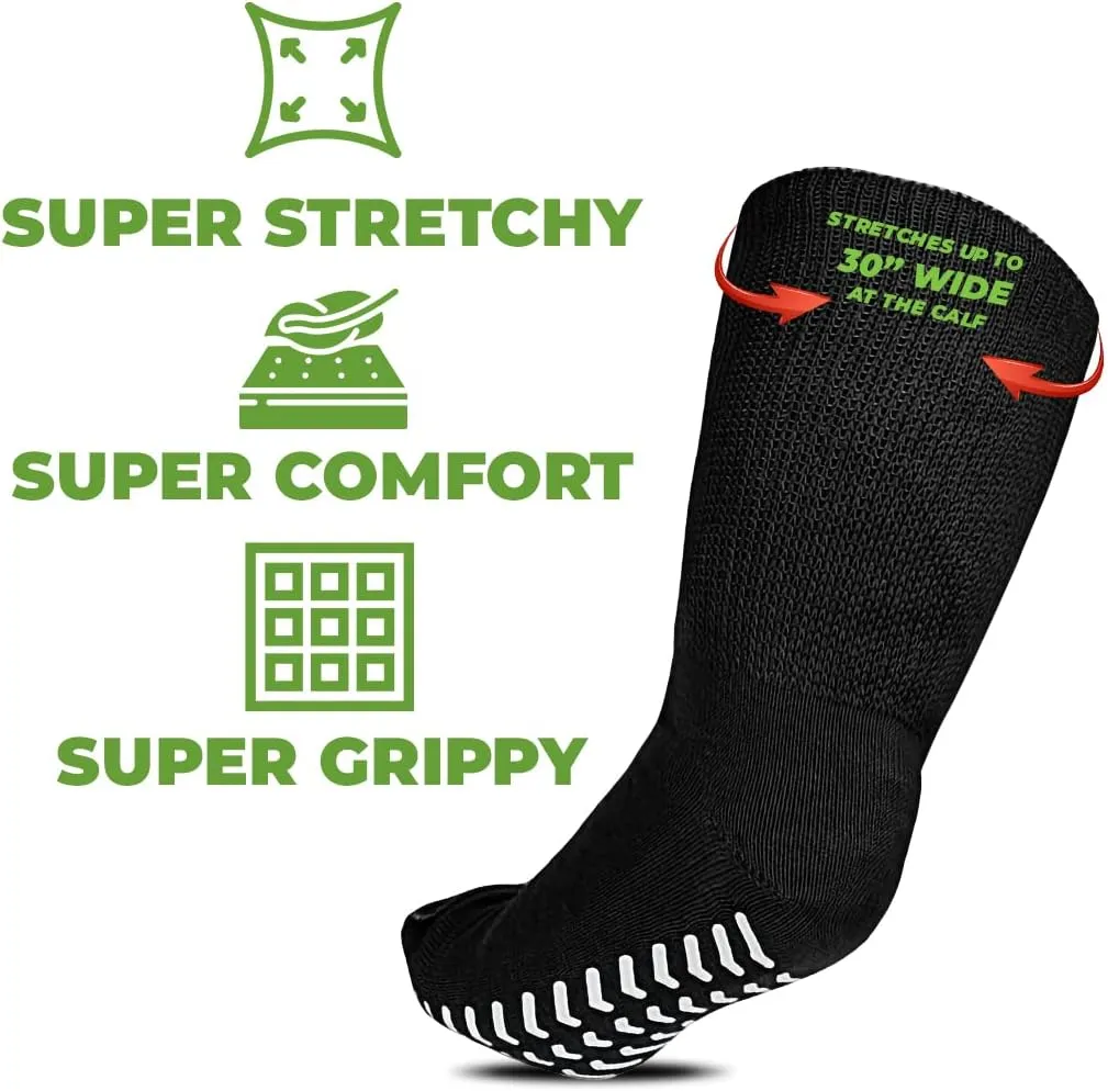 M.B. Leaf Extra Wide Bariatric Socks - Non-Slip, Stretchable up to 30'', Ideal for Diabetic & Edema - 2 Pairs, Black