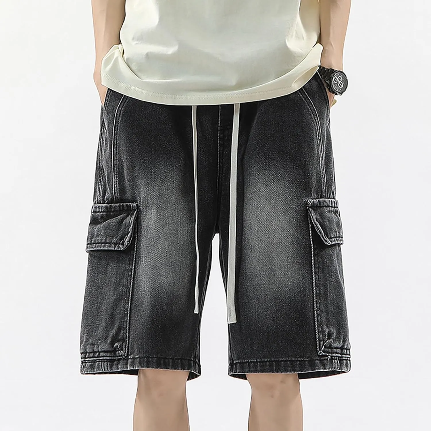 Men Loose Denim Shorts Baggy Casual Summer Wide Leg Mid Jean Jorts Hip Hop Shorts Streetwear with Pockets