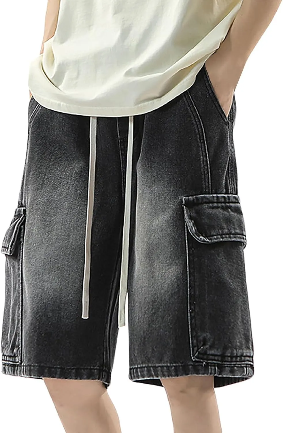 Men Loose Denim Shorts Baggy Casual Summer Wide Leg Mid Jean Jorts Hip Hop Shorts Streetwear with Pockets