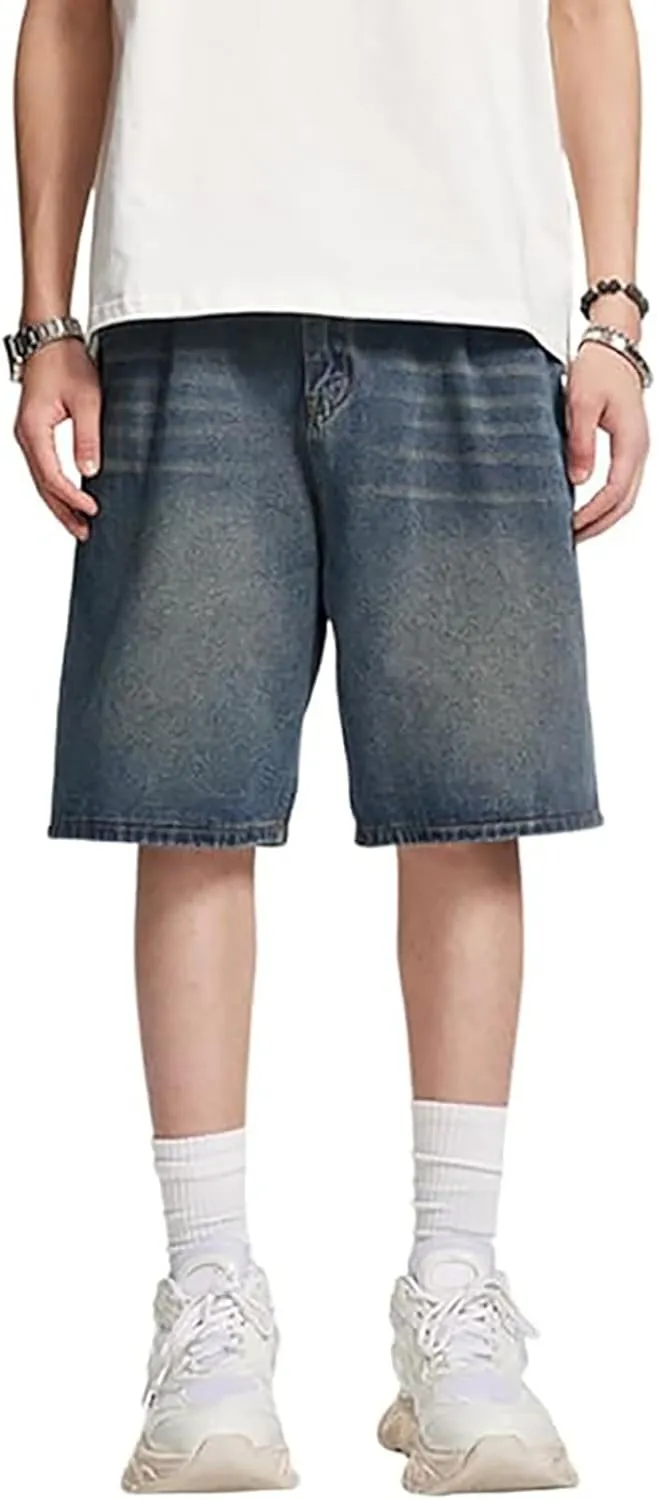Men Loose Denim Shorts Baggy Casual Summer Wide Leg Mid Jean Jorts Hip Hop Shorts Streetwear with Pockets