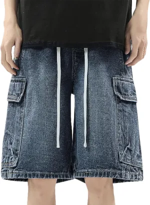 Men Loose Denim Shorts Baggy Casual Summer Wide Leg Mid Jean Jorts Hip Hop Shorts Streetwear with Pockets