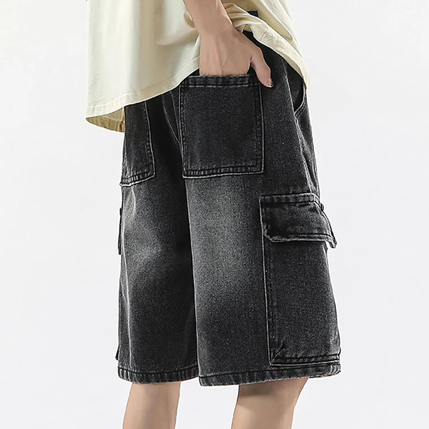 Men Loose Denim Shorts Baggy Casual Summer Wide Leg Mid Jean Jorts Hip Hop Shorts Streetwear with Pockets