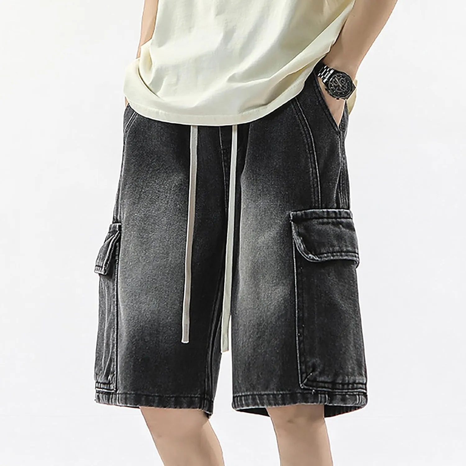 Men Loose Denim Shorts Baggy Casual Summer Wide Leg Mid Jean Jorts Hip Hop Shorts Streetwear with Pockets
