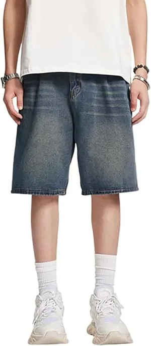 Men Loose Denim Shorts Baggy Casual Summer Wide Leg Mid Jean Jorts Hip Hop Shorts Streetwear with Pockets