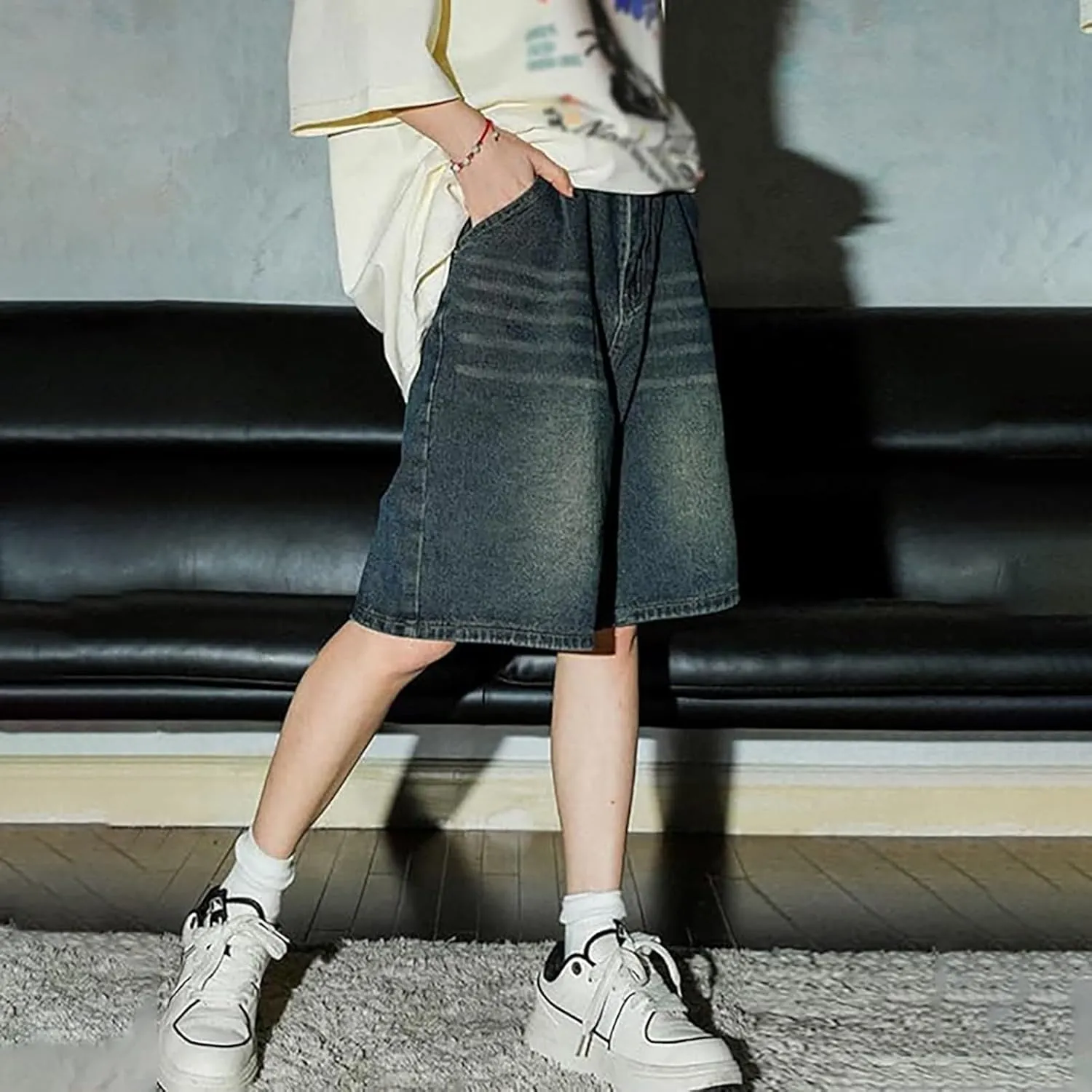 Men Loose Denim Shorts Baggy Casual Summer Wide Leg Mid Jean Jorts Hip Hop Shorts Streetwear with Pockets