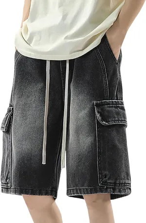 Men Loose Denim Shorts Baggy Casual Summer Wide Leg Mid Jean Jorts Hip Hop Shorts Streetwear with Pockets