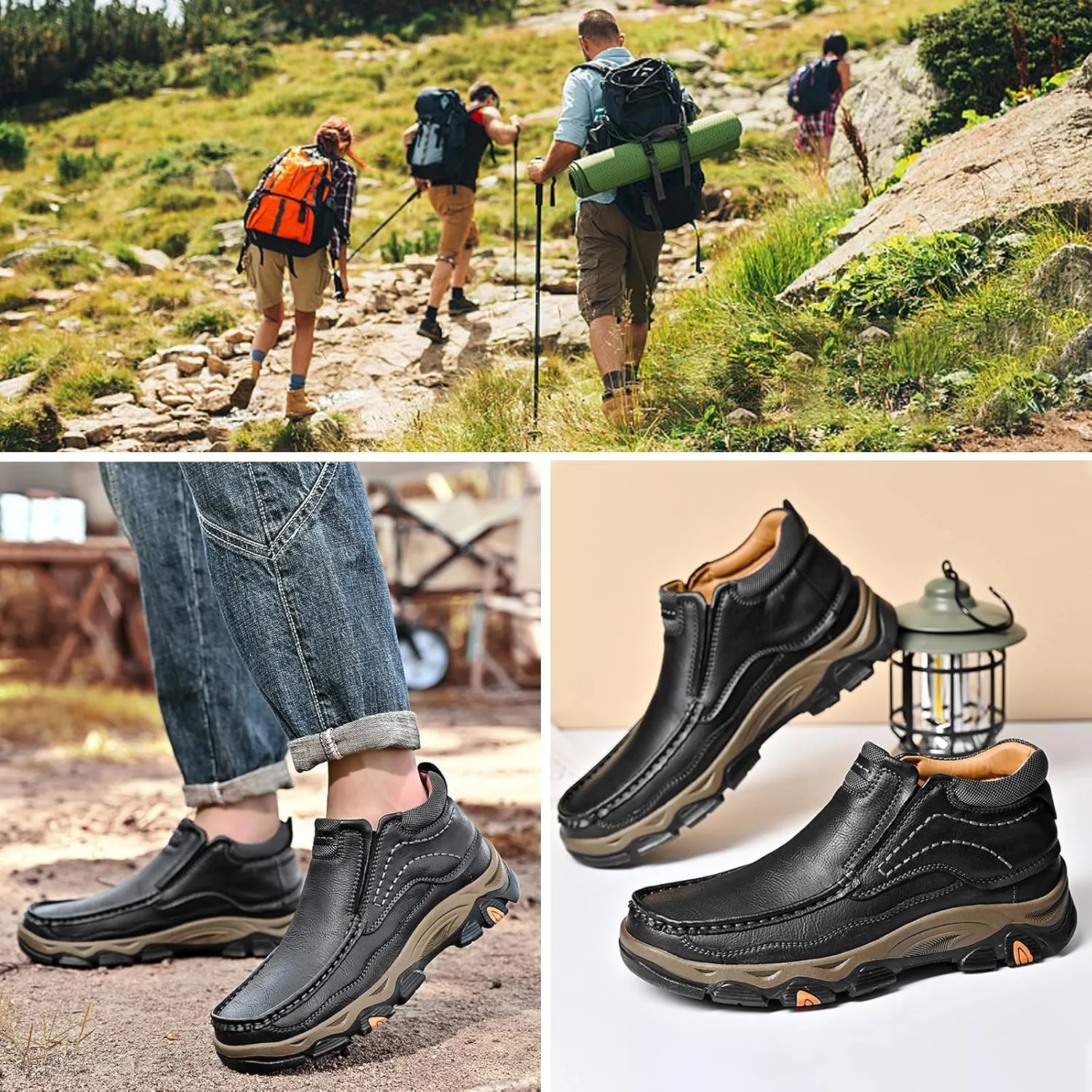 Men's Leather Hiking Shoes, Slip on Loafers Walking Boots, Waterproof Causal Sneakers, Work Walking Slippers, Easy Wear on/Off