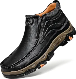 Men's Leather Hiking Shoes, Slip on Loafers Walking Boots, Waterproof Causal Sneakers, Work Walking Slippers, Easy Wear on/Off