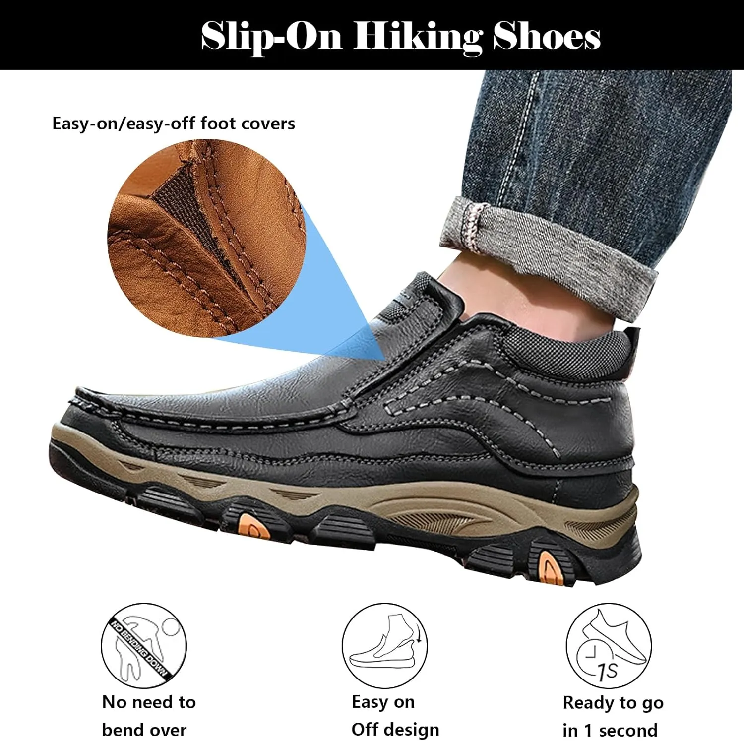 Men's Leather Hiking Shoes, Slip on Loafers Walking Boots, Waterproof Causal Sneakers, Work Walking Slippers, Easy Wear on/Off