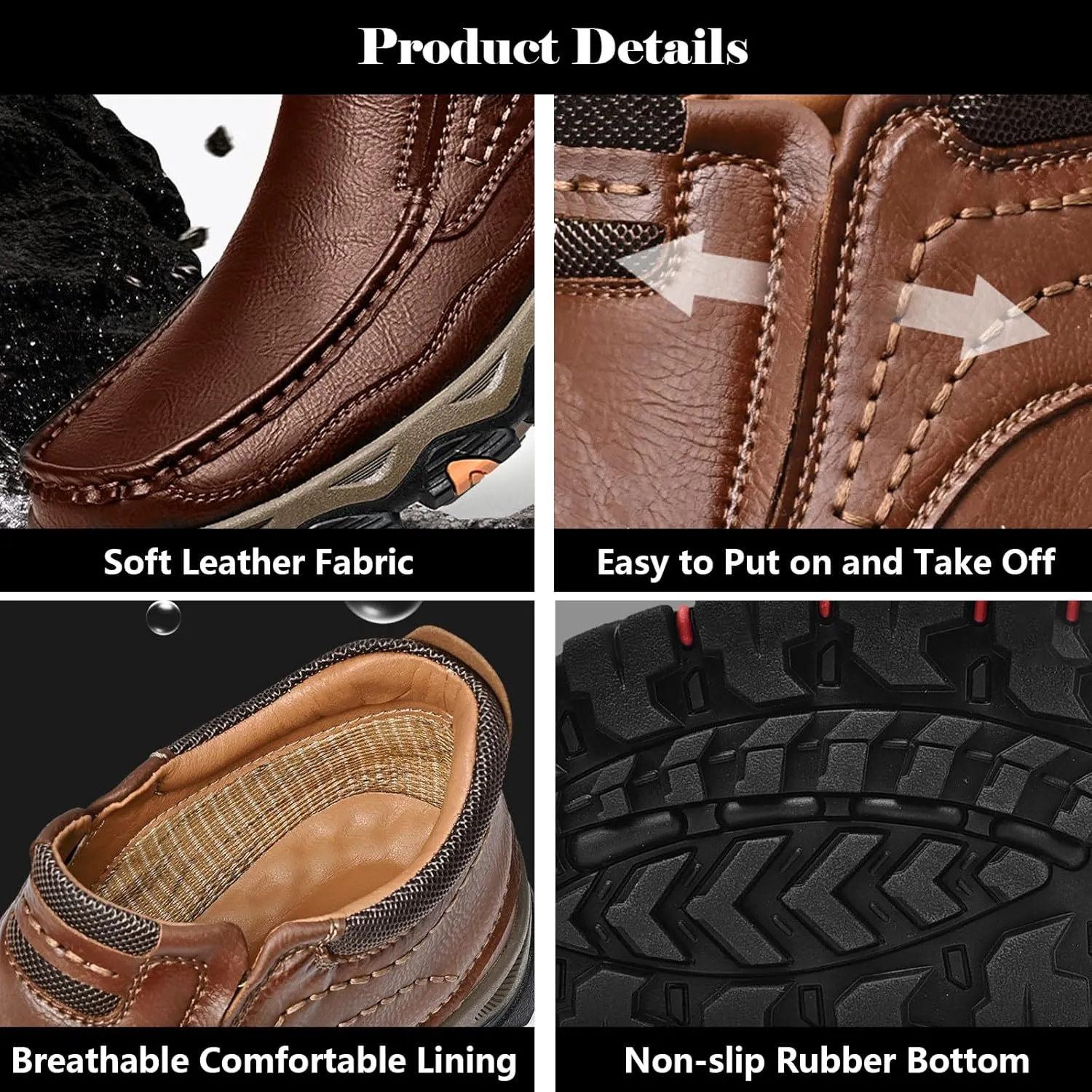 Men's Leather Hiking Shoes, Slip on Loafers Walking Boots, Waterproof Causal Sneakers, Work Walking Slippers, Easy Wear on/Off
