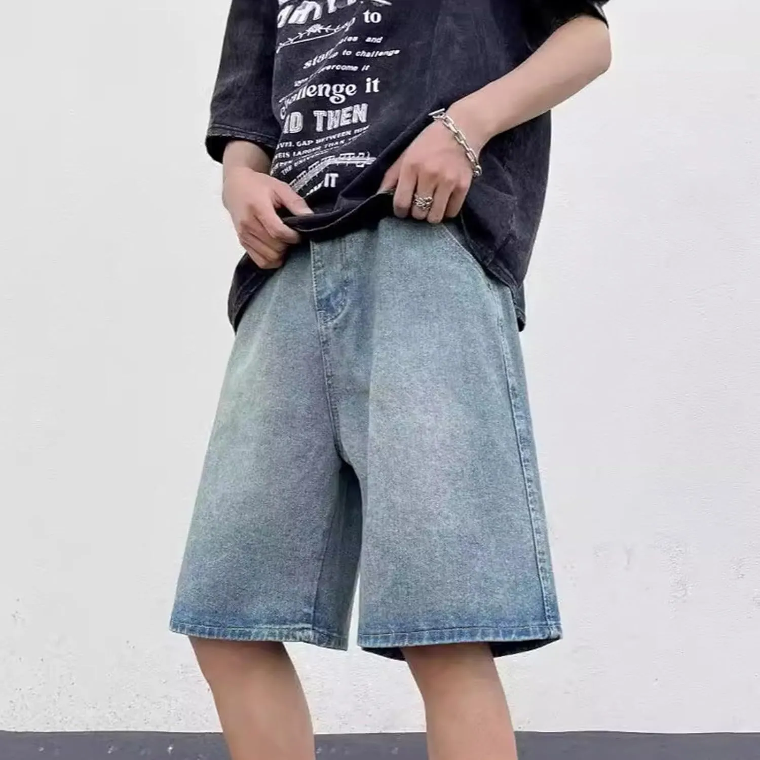 Mens Y2K Baggy Jean Shorts Summer Casual Hip Hop Skateboard Pants Loose Denim Shorts with Pockets Streetwear